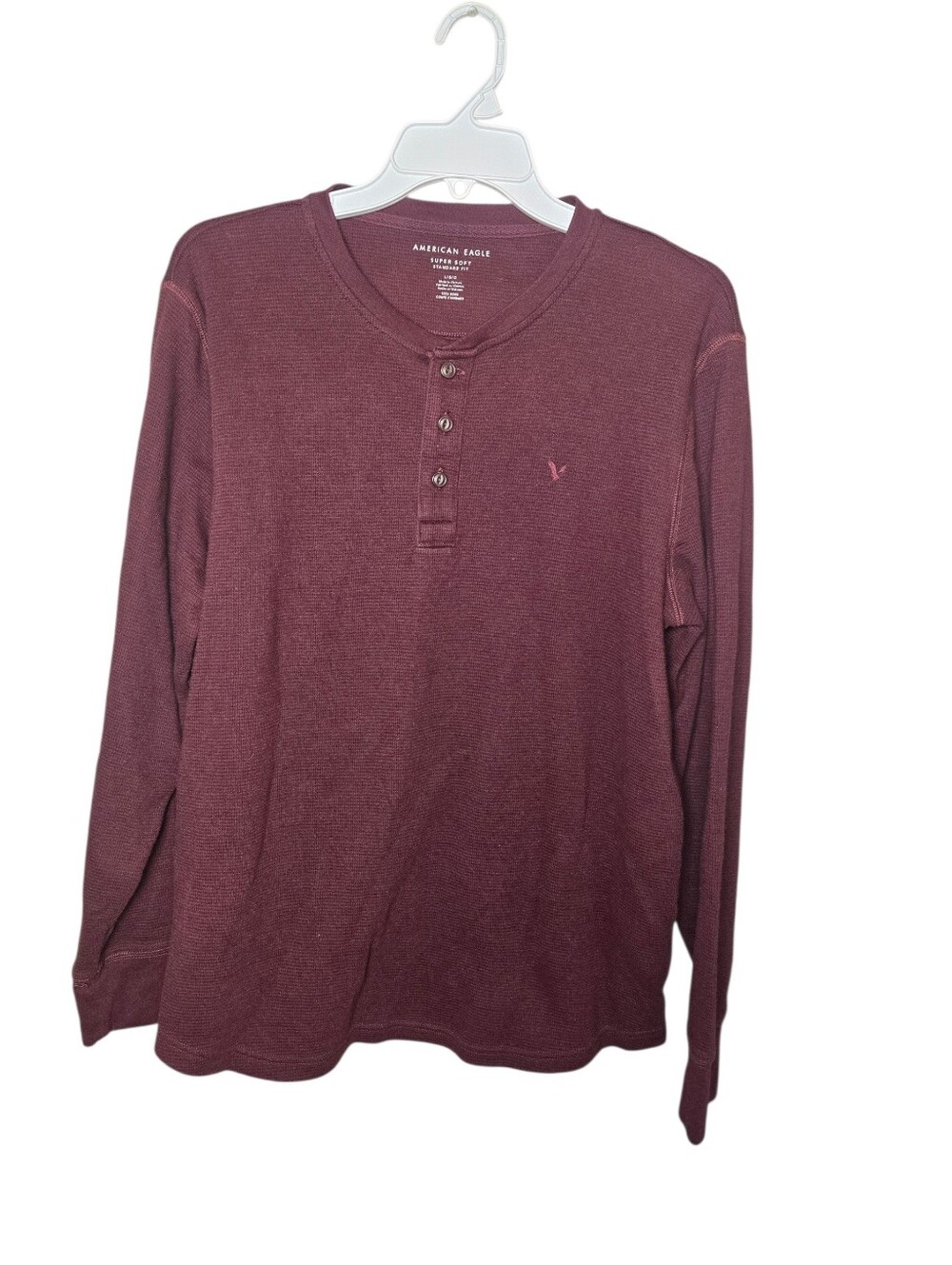 American Eagle Men's Henly Soft Waffle Knit Maroon Lg Cozy Fall Layer - Picture 2 of 8